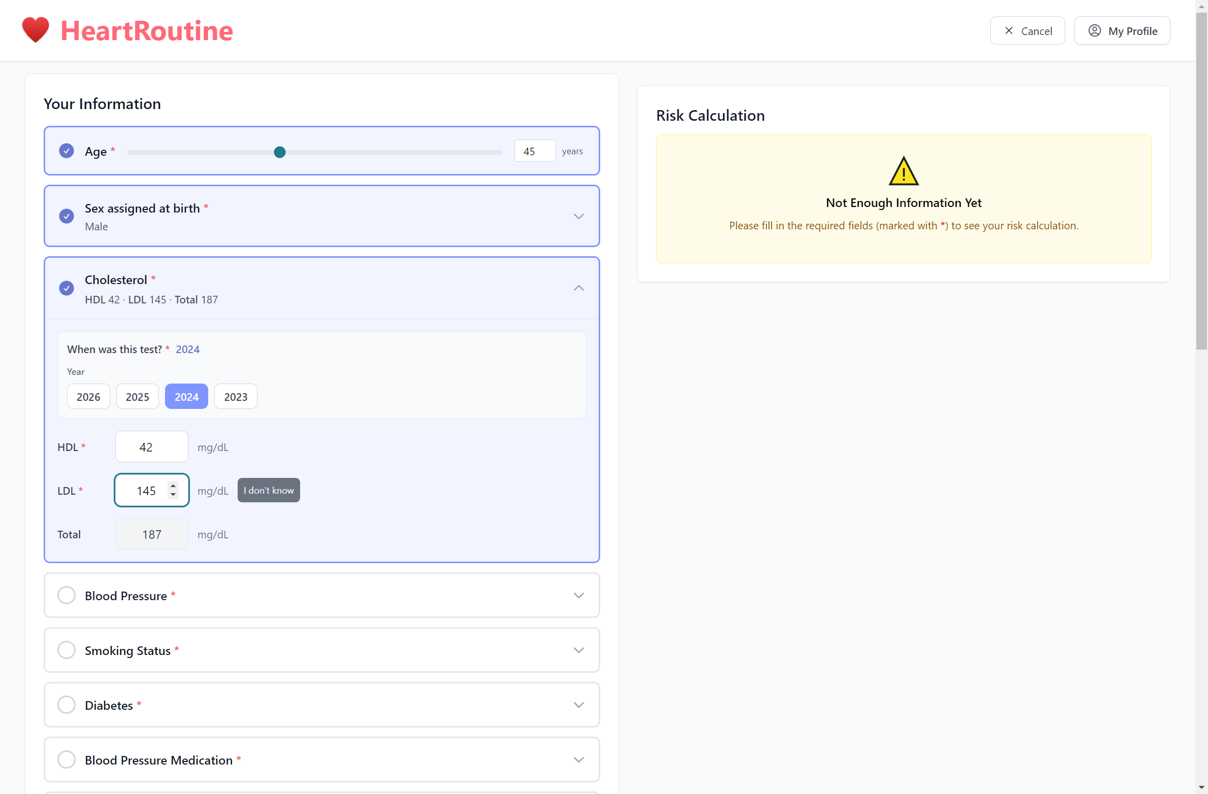 Entering health data in the risk calculator
